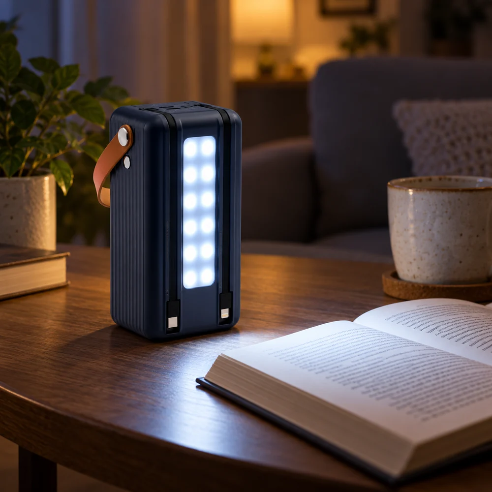 Увімкнена вертикальна LED-панель на звороті темного REMAX підсвічує книгу